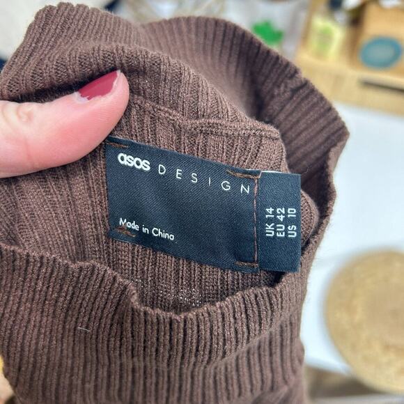 ASOS Neutral Brown Mock Neck Stretch Ribbed Knit Midi Sweater Dress 10 - Picture 6 of 6